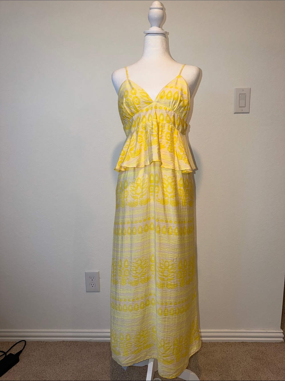 Yellow Patterned Maxi Dress with Peplum Top